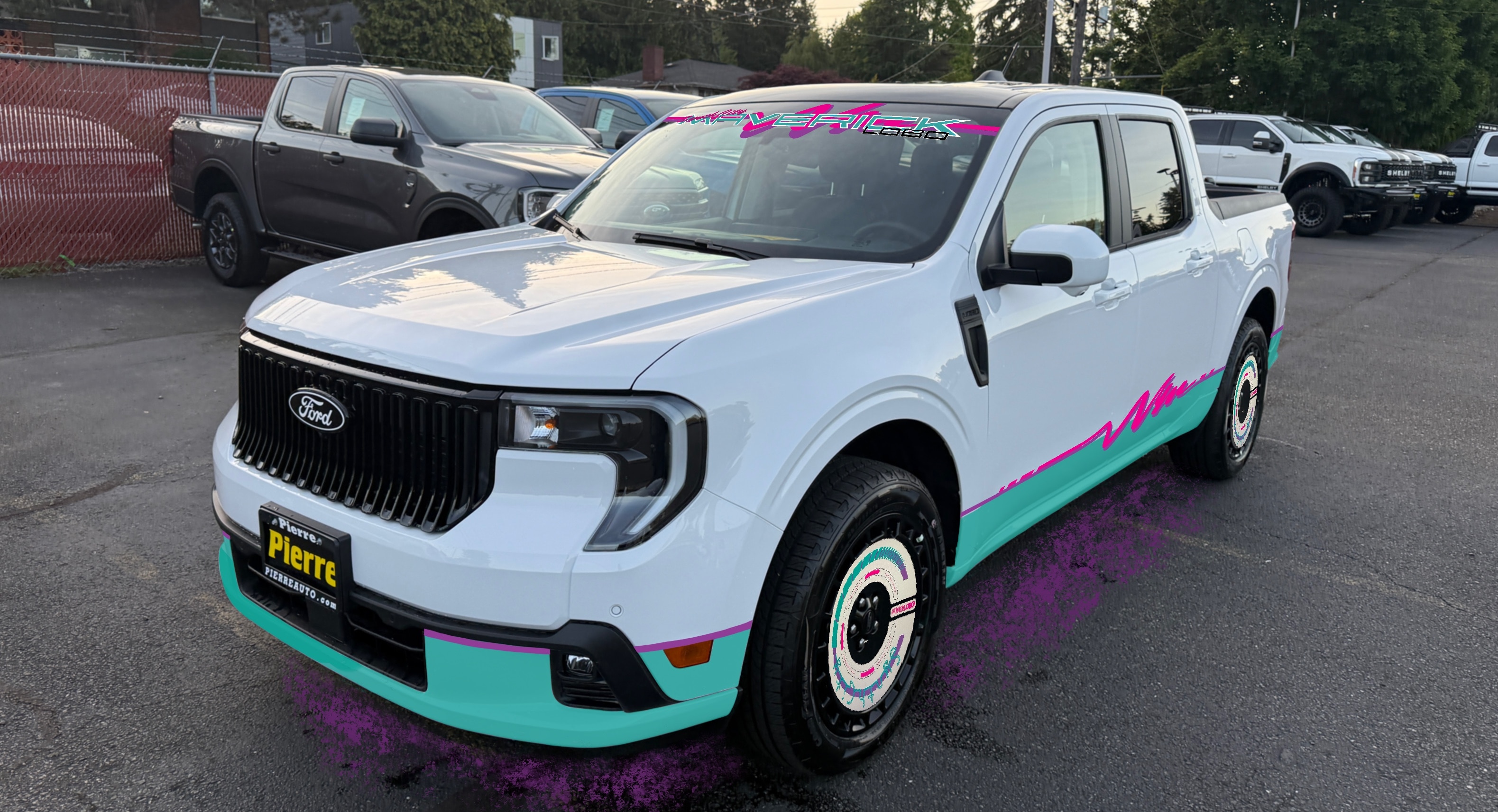 A white Ford Maverick Lobo with an artistic rendition of an '80s-style design drawn on digitally.